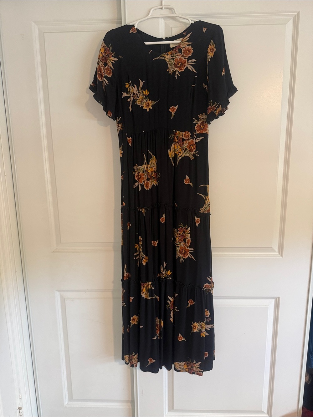 saltwater LUXE Black Floral Tiered Maxi Dress with Rust and Mustard Blooms